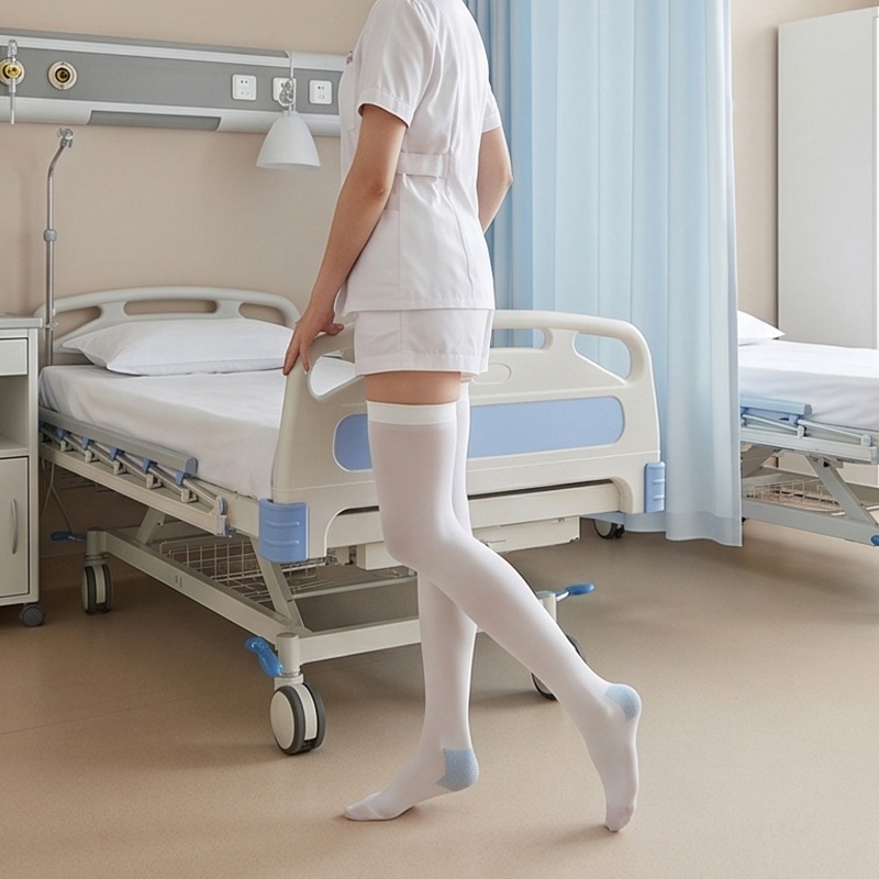 Clinical professional wearing white thigh-high medical stockings